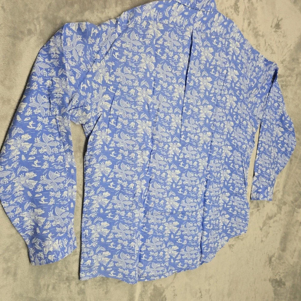 Ralph Lauren Button Down Shirt Mens XXL Blue White Linen Hawaiian Aloha Classic